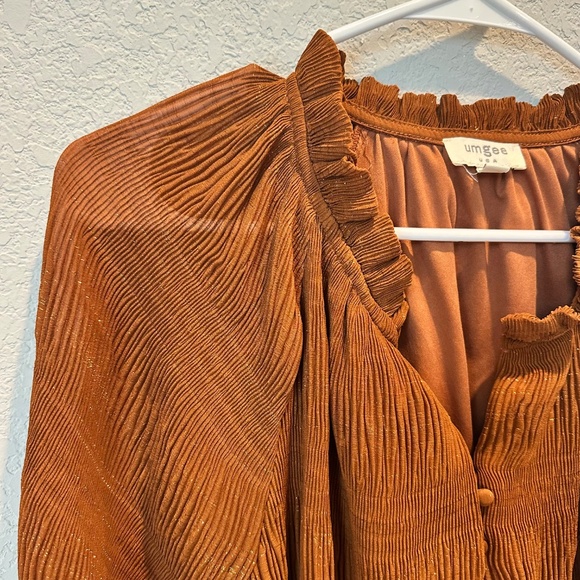 Umgee Copper Brown Metallic Accordion Pleat Boho Blouse - Size L - EUC - Picture 2 of 8